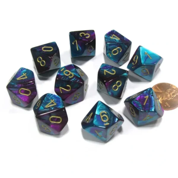 Set of 10 Chessex Gemini D10 Dice - Purple-Teal with Gold Numbers - Your Source for Gaming Essentials Cheap