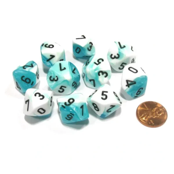 Set of 10 Chessex Gemini D10 Dice - Teal-White with Black Numbers - Your Source for Gaming Essentials Cheap
