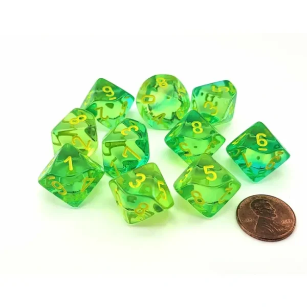 Set of 10 Chessex Gemini D10 Dice - Translucent Green-Teal with Yellow Numbers - Your Source for Gaming Essentials New