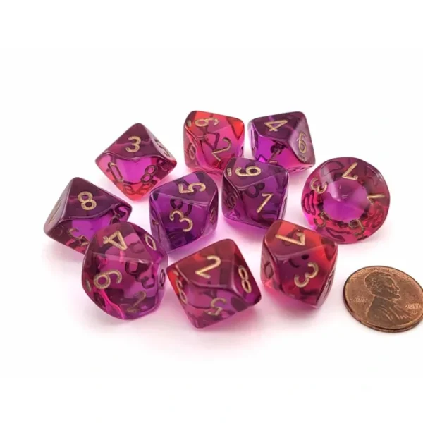 Set of 10 Chessex Gemini D10 Dice - Translucent Red-Violet with Gold Numbers - Your Source for Gaming Essentials Hot