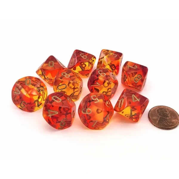 Set of 10 Chessex Gemini D10 Dice - Translucent Red-Yellow with Gold Numbers - Your Source for Gaming Essentials Sale