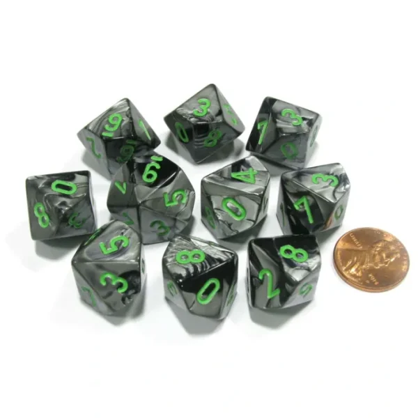Set of 10 Chessex Gemini D10 Dice - Black-Grey with Green Numbers - Your Source for Gaming Essentials Discount