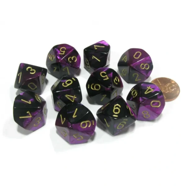 Set of 10 Chessex Gemini D10 Dice - Black-Purple with Gold Numbers - Your Source for Gaming Essentials Hot
