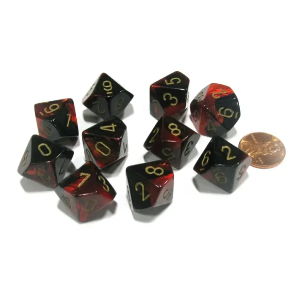 Set of 10 Chessex Gemini D10 Dice - Black-Red with Gold Numbers - Your Source for Gaming Essentials Cheap