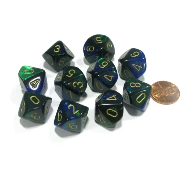 Set of 10 Chessex Gemini D10 Dice - Blue-Green with Gold Numbers - Your Source for Gaming Essentials Flash Sale
