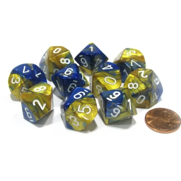 Set of 10 Chessex Gemini D10 Dice - Blue-Gold with White Numbers - Your Source for Gaming Essentials Store