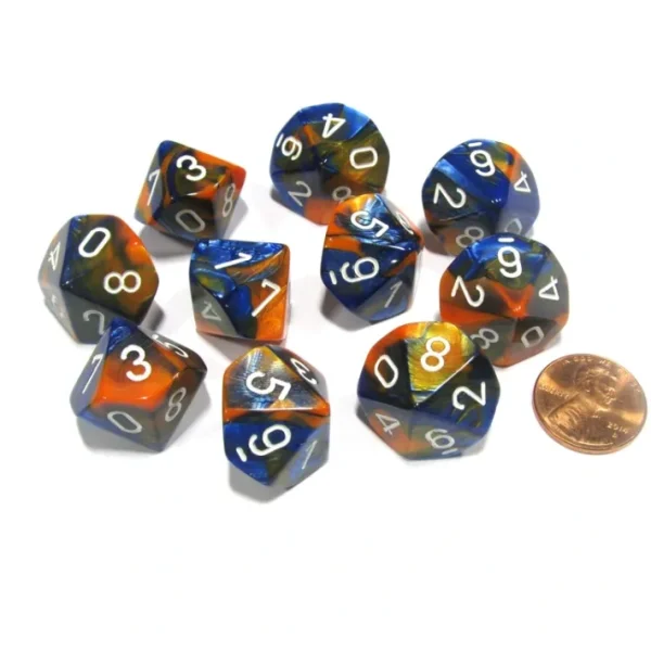 Set of 10 Chessex Gemini D10 Dice - Blue-Orange with White Numbers - Your Source for Gaming Essentials Sale