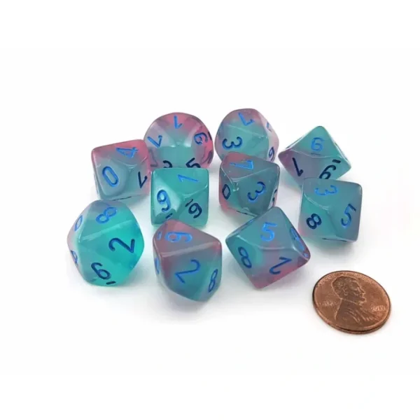Set of 10 Chessex Luminary Gemini D10 Dice - Gel Green-Pink with Blue Numbers - Your Source for Gaming Essentials Best