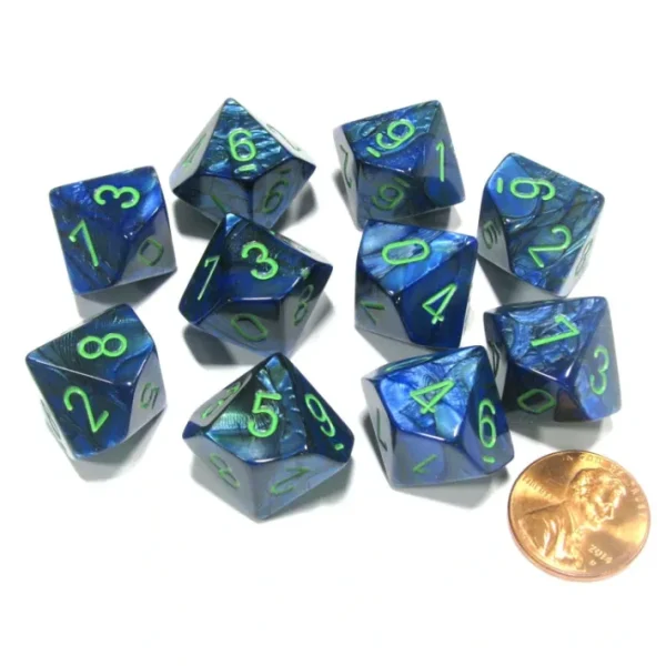 Set of 10 Chessex Lustrous D10 Dice - Dark Blue with Green Numbers - Your Source for Gaming Essentials Best