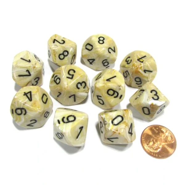 Set of 10 Chessex Marble D10 Dice - Ivory with Black Numbers - Your Source for Gaming Essentials Store