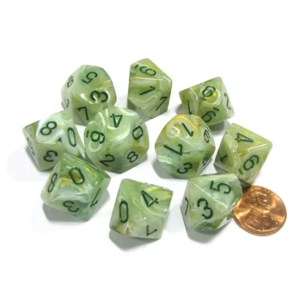 Set of 10 Chessex Marble D10 Dice - Green with Dark Green Numbers - Your Source for Gaming Essentials Sale