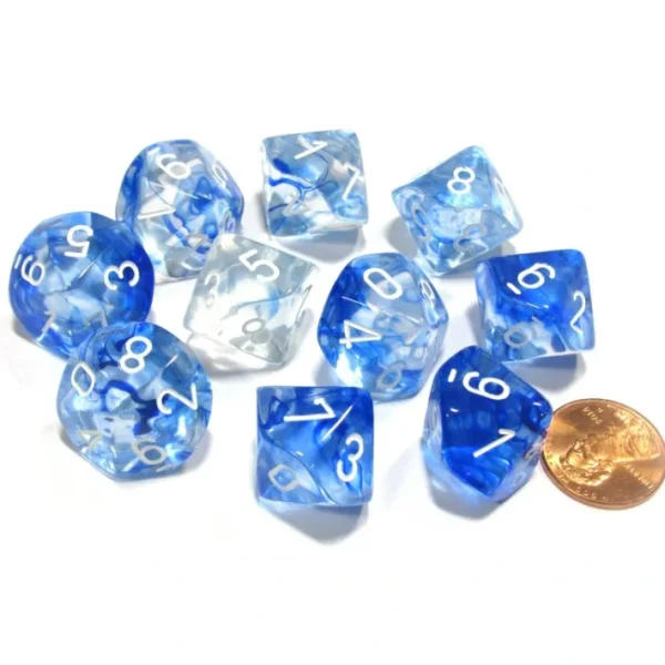 Set of 10 Chessex Nebula D10 Dice - Dark Blue with White Numbers - Your Source for Gaming Essentials Outlet