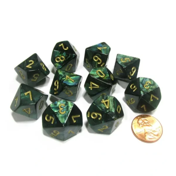 Set of 10 Chessex Scarab D10 Dice - Jade with Gold Numbers - Your Source for Gaming Essentials Best Sale