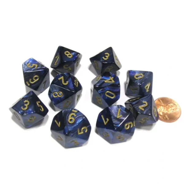 Set of 10 Chessex Scarab D10 Dice - Royal Blue with Gold Numbers - Your Source for Gaming Essentials Sale