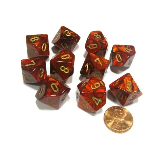 Set of 10 Chessex Scarab D10 Dice - Scarlet with Gold Numbers - Your Source for Gaming Essentials Shop