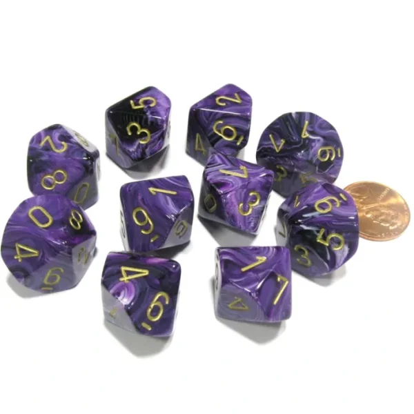 Set of 10 Chessex Vortex D10 Dice - Purple with Gold Numbers - Your Source for Gaming Essentials Online