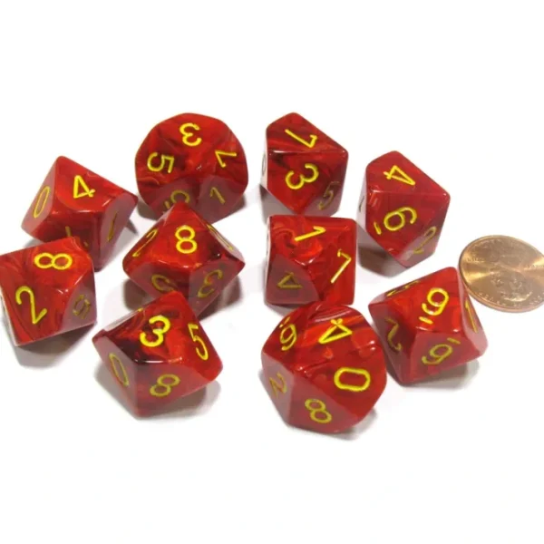 Set of 10 Chessex Vortex D10 Dice - Red with Yellow Numbers - Your Source for Gaming Essentials Discount