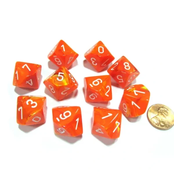 Set of 10 Chessex Vortex D10 Dice - Solar Orange with White Numbers - Your Source for Gaming Essentials Online