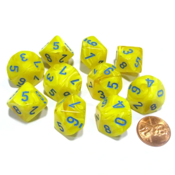 Set of 10 Chessex Vortex D10 Dice - Yellow with Blue Numbers - Your Source for Gaming Essentials Store