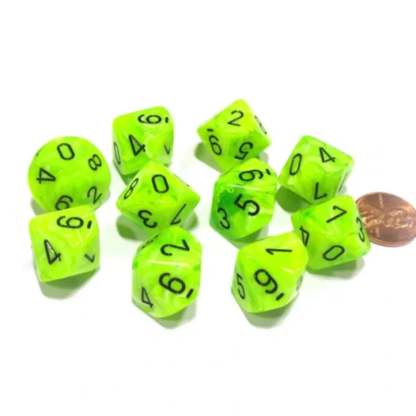 Set of 10 Chessex Vortex D10 Dice - Bright Green with Black Numbers - Your Source for Gaming Essentials Online