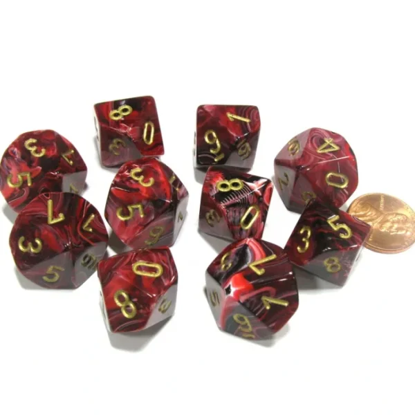 Set of 10 Chessex Vortex D10 Dice - Burgundy with Gold Numbers - Your Source for Gaming Essentials Clearance