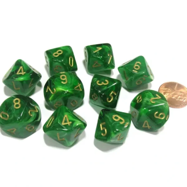 Set of 10 Chessex Vortex D10 Dice - Green with Gold Numbers - Your Source for Gaming Essentials Flash Sale