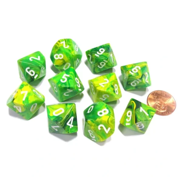 Set of 10 Chessex Vortex D10 Dice - Dandelion with White Numbers - Your Source for Gaming Essentials Hot