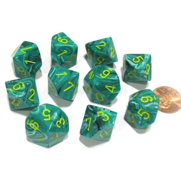 Set of 10 Chessex Vortex D10 Dice - Malachite Green with Yellow Numbers - Your Source for Gaming Essentials Clearance