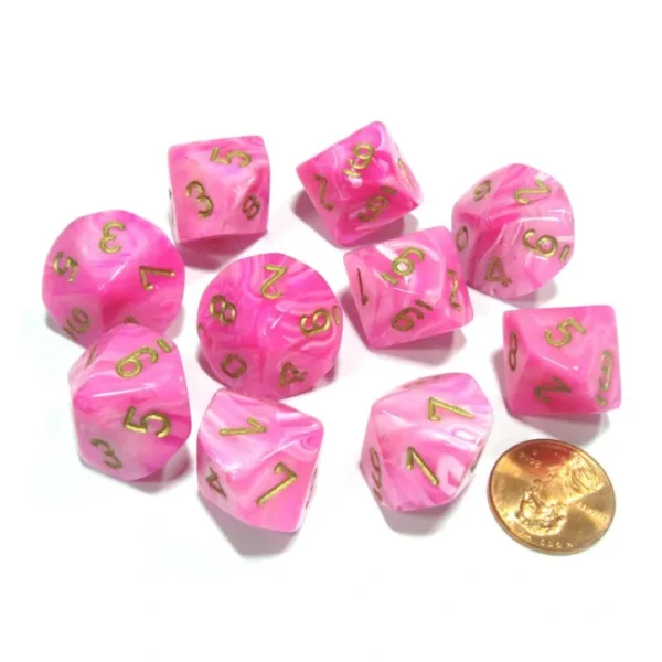 Set of 10 Chessex Vortex D10 Dice - Pink with Gold Numbers - Your Source for Gaming Essentials Hot