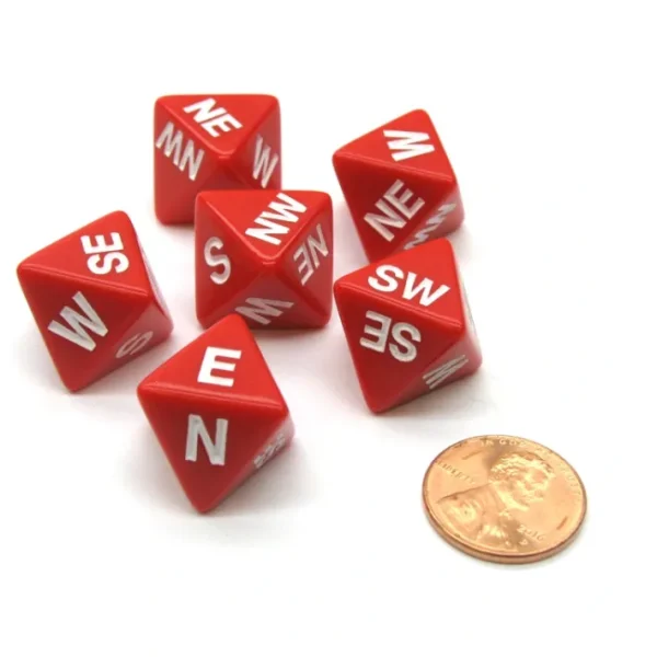 Set of 6 Compass Cardinal Direction 8 Sided Dice - Red with White Letters - Your Source for Gaming Essentials Discount