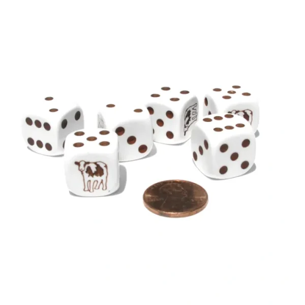 Set of 6 Cow Dice 16mm D6 Rounded Edge Animal Dice- White with Brown Pips - Your Source for Gaming Essentials Best Sale