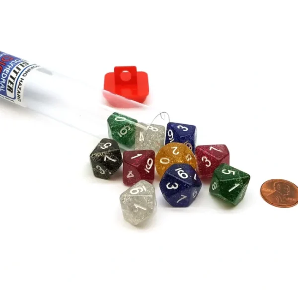 Set of 10 D10 Glitter Dice in Travel Tube - Assorted Colors - Your Source for Gaming Essentials New