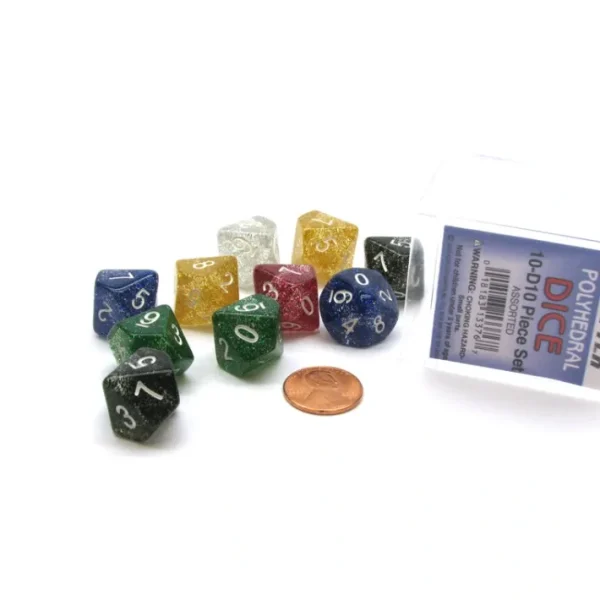 Set of 10 D10 Glitter Dice in Plastic Display Case - Assorted Colors - Your Source for Gaming Essentials Hot