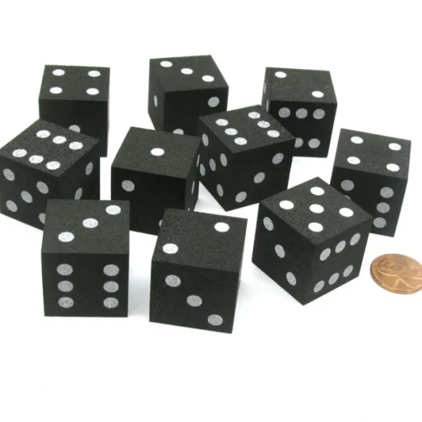 Set of 10 D6 Large 25mm Foam Dice - Black with White Spots - Your Source for Gaming Essentials Outlet