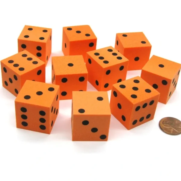 Set of 10 D6 Large 25mm Foam Dice - Orange with Black Spots - Your Source for Gaming Essentials Shop
