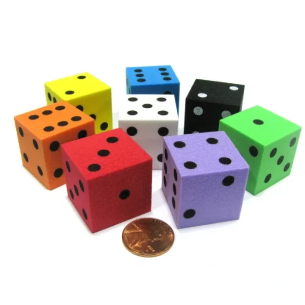 Set of 8 D6 Large 25mm Foam Dice-Black White Yellow Purple Green Orange Blue Red - Your Source for Gaming Essentials Discount