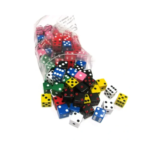 Set of 100 D6 16mm Assorted Dice-White Blue Green Yellow Pink(2) Black(2) Red(2) - Your Source for Gaming Essentials Fashion