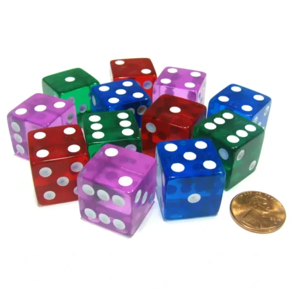 Set of 12 D6 19mm Dice - 3 Each of Transparent Blue Red Green and Pink - Your Source for Gaming Essentials Hot
