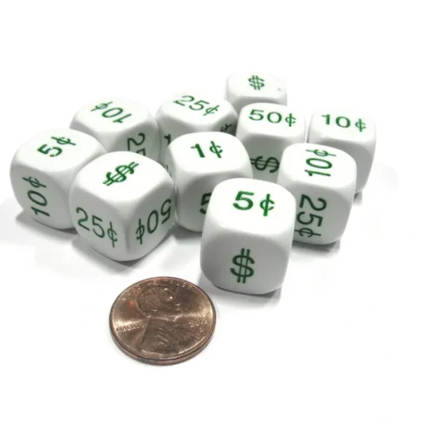 Set of 10 D6 16mm Educational Money Dollar and Cents Dice - White with Green - Your Source for Gaming Essentials Discount