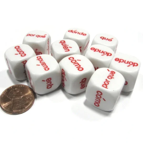 Set of 10 D6 16mm Educational Spanish Interrogative Questions Dice- White w/ Red - Your Source for Gaming Essentials New