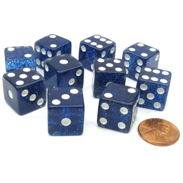 Set of 10 D6 16mm Glitter Dice - Blue with White Pips - Your Source for Gaming Essentials Best