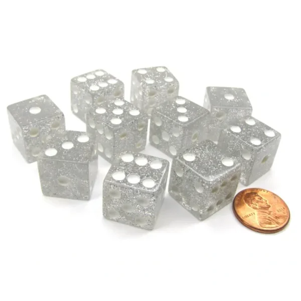 Set of 10 D6 16mm Glitter Dice - Clear/White with White Pips - Your Source for Gaming Essentials Store
