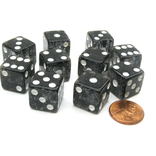 Set of 10 D6 16mm Glitter Dice - Black with White Pips - Your Source for Gaming Essentials Outlet