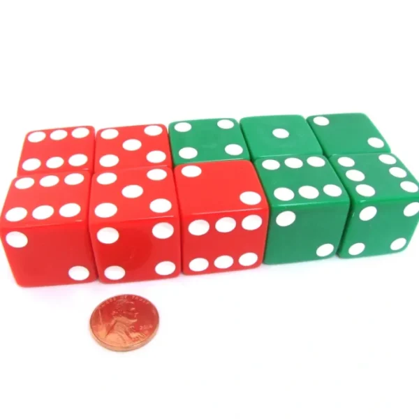 Set of 10 D6 25mm Large Opaque Jumbo Christmas Dice - 5 Each of Red and Green - Your Source for Gaming Essentials Cheap
