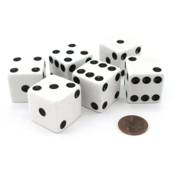 Set of 6 D6 25mm Large Opaque Jumbo Dice - White with Black Pip - Your Source for Gaming Essentials Clearance