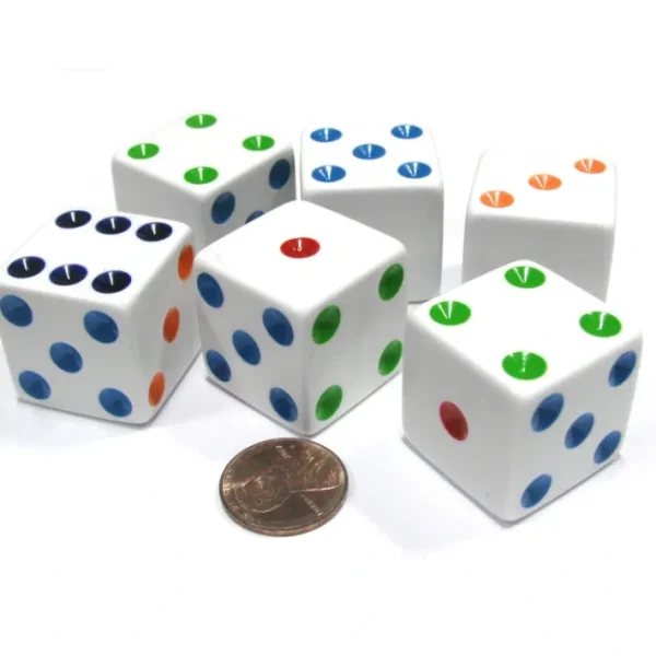 Set of 6 D6 25mm Large Opaque Jumbo Dice - White with Multicolor Pip - Your Source for Gaming Essentials Store