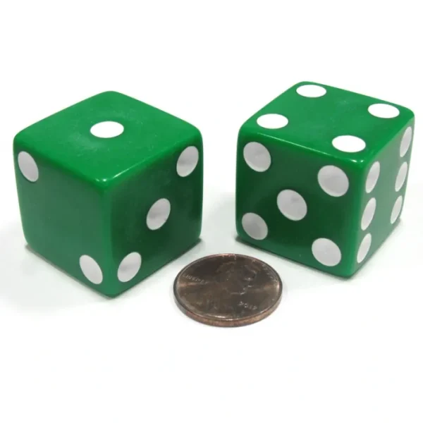 Set of 2 D6 25mm Large Opaque Jumbo Dice - Green with White Pips - Your Source for Gaming Essentials Cheap
