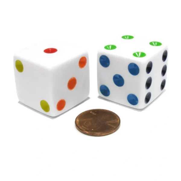 Set of 2 D6 25mm Large Opaque Jumbo Dice - White with Multicolor Pips - Your Source for Gaming Essentials Shop