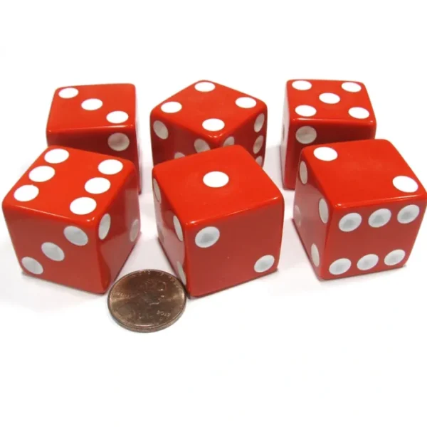 Set of 6 D6 25mm Large Opaque Jumbo Dice - Red with White Pip - Your Source for Gaming Essentials Online