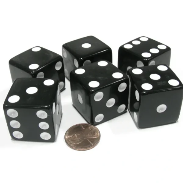 Set of 6 D6 25mm Large Opaque Jumbo Dice - Black with White Pip - Your Source for Gaming Essentials Sale